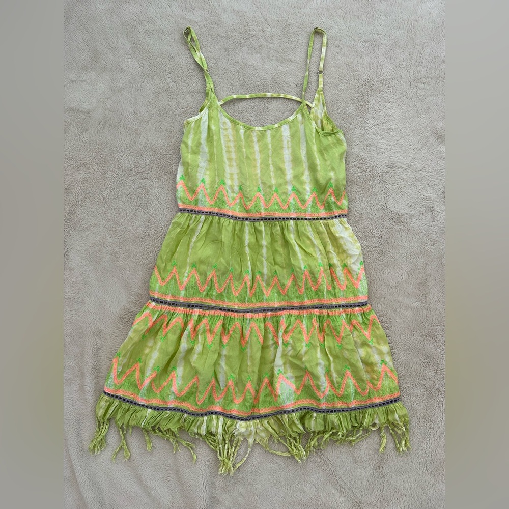 Z & L Neon Embroidered Bohemian Tassel Mini Dress Beach Coverup